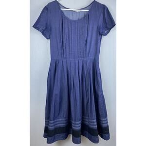 EShakti Sz M (10) Chambray Pintuck Puff SS Fit’N’Flare Black Trim Full Skirt Drs